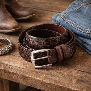 Brighton Woven Leather Belt Brown Basket Weave Size 38